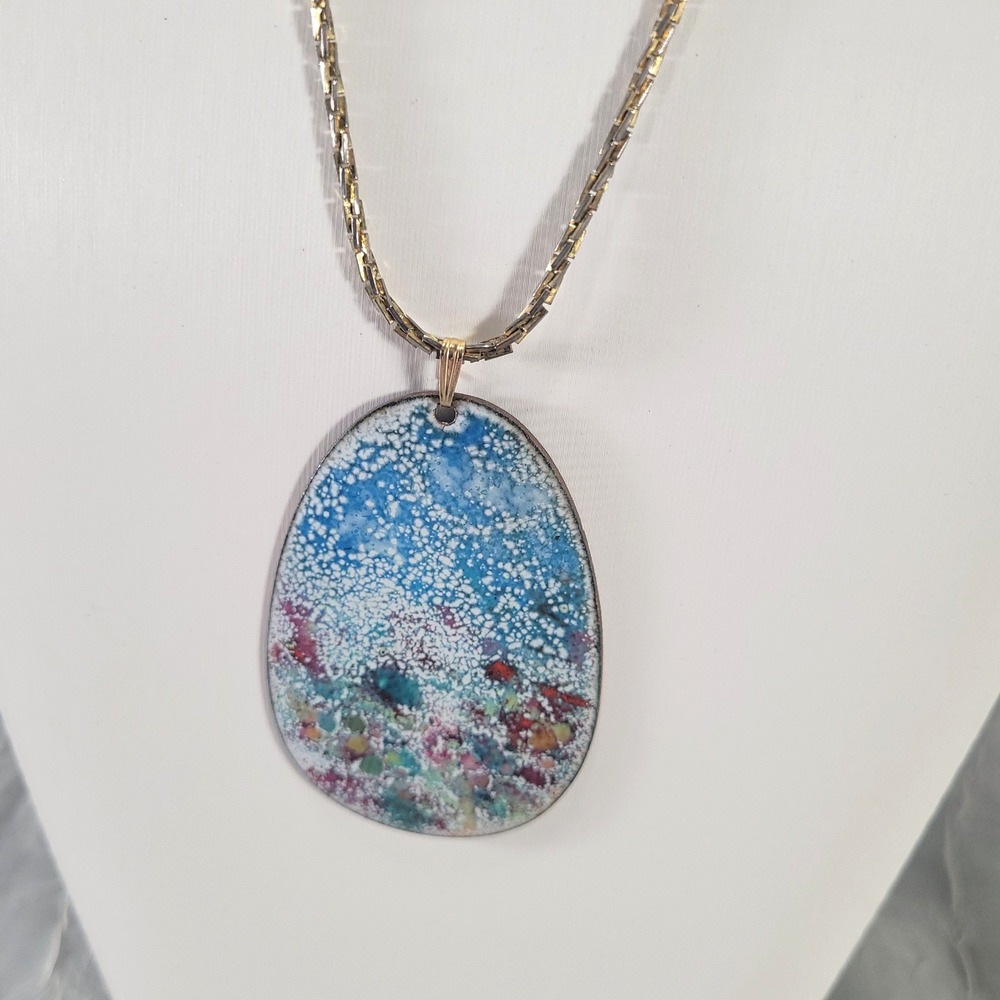 Abstract Enamel Copper Pendant Necklace Womens Blue White Multicolor Artisan